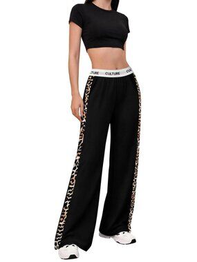 Women Baggy Pants Leopard Print Block Side Teen Wide Leg Open Bottom Sweatpants